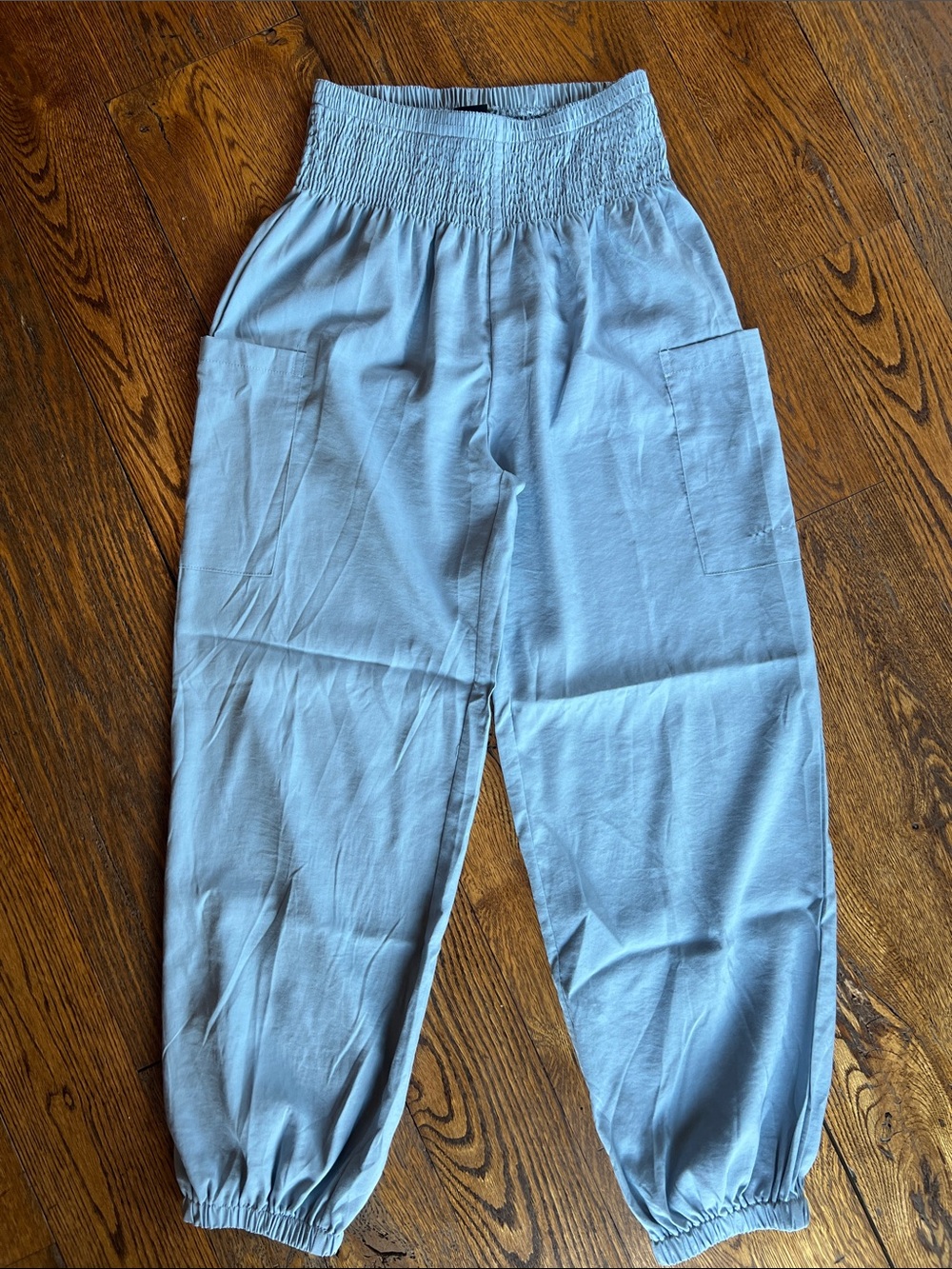 Smocked-Waist Light Blue Jogger Pants with Patch Pockets